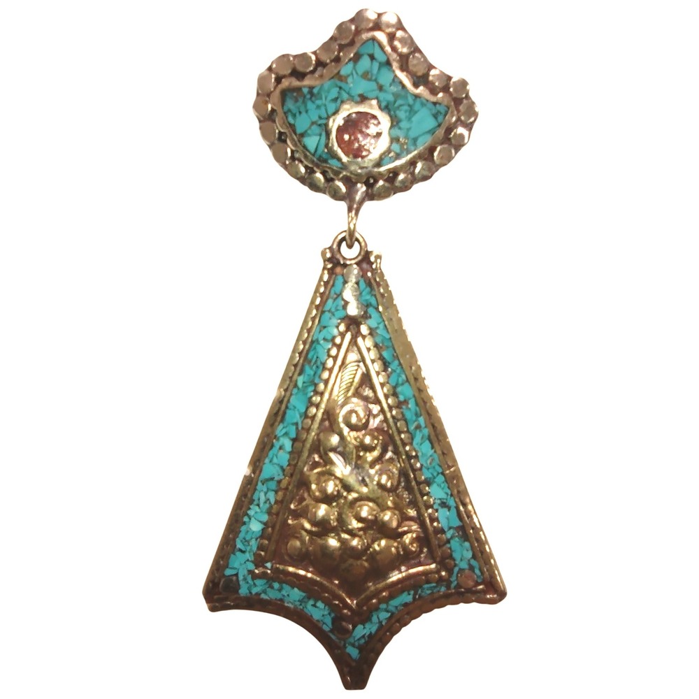 Vintage‎ Tibetan Turquoise Coral Nugget Brass Pendant